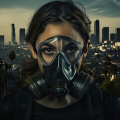 Generative AI image of Face of young woman with transparent gas mask. Behind her the city of Los Angeles in a post-apocalyptic scenario