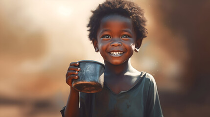 Happy kid in Africa close-up with mug of water.The concept of water scarcity in Africa, world's global warming problem - obrazy, fototapety, plakaty