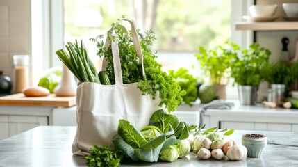 Reusable white linen tote bag with fresh vegetables on a modern kitchen counter - Powered by Adobe