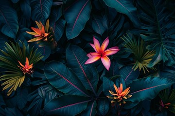 tropical leaves colorful flower on dark tropic