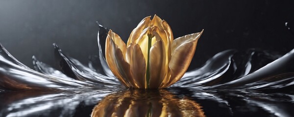 there is a gold flower that is sitting on a black surface