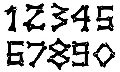Skeleton numbers set 0 to 9 Vector Illustrations. Bone Font isolated Graphics	