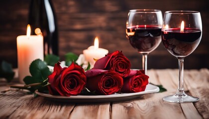 Romantic wine and roses dinner setting