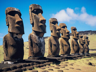 "Enigmatic Moai statues standing on Easter Island, shrouded in mystery and cultural intrigue."
