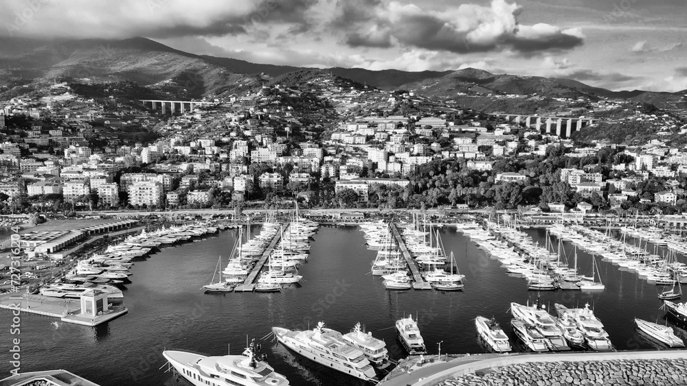 Sticker Sanremo, Italy. Aerial view of city port and skyline