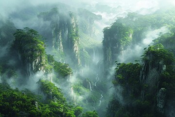 a mystical and verdant mountain ravine shrouded in swirling mist, with steep, rocky walls - obrazy, fototapety, plakaty