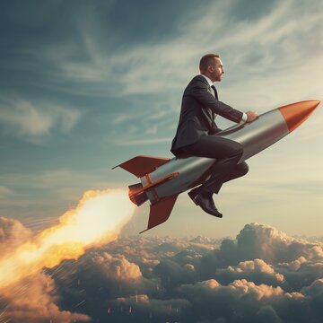 Businessman fly high with a rocket. concept of success and startup. Generative AI