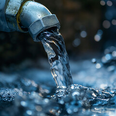 Macro Photography: Crystal Clear Water Flowing from Metal Tap with Bokeh Background