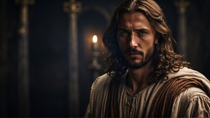 Fototapeta premium face of jesus christ in a room illuminated by a candle with space for text