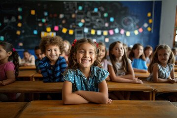 Happy children in a classroom at the school. Generative AI