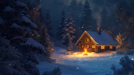 A small wooden house stands gracefully surrounded by a blanket of snow in the forest. Soft light emanates from the windows, hinting at the warmth and comfort inside. A fire flickers nearby.