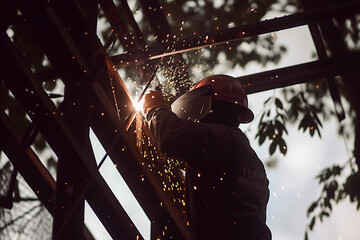 Work at height , Professional welder weld steel construction .