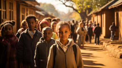 Primary school students waiting in line outside their classroom