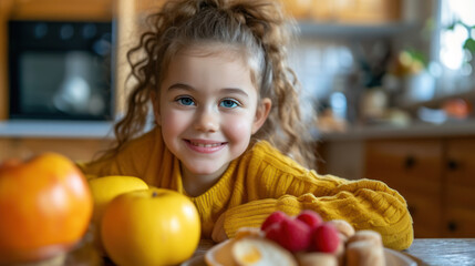 Fototapeta premium Cheerful little girl with a bright smile surrounded by fresh fruits in the kitchen.