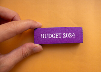 Budget 2024 lettering on purple wooden block with orange background. Conceptual business symbol....