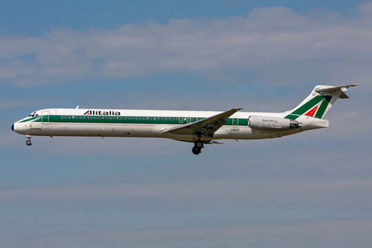 Schiphol, Netherlands - August 5, 2009: Italian Alitalia McDonnell Douglas MD-82 with registration I-DACZ on final for Amsterdam Airport Schiphol