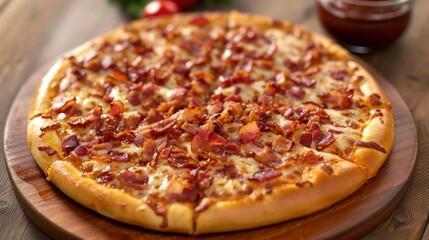 Bacon pizza, artfully presented on a pizza board. 