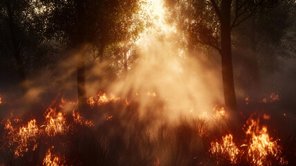 Forest is burning and got destroyed and smoke over forest . Wildfire natural disaster