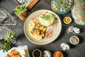 Plate of Food on Wooden Table