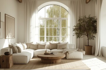 a bright and airy living room with high arched windows, white walls and furniture