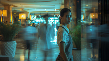 Pensive Young Maid Amidst a Dynamic Hotel Corridor - Generative AI