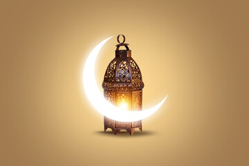 Ornamental Arabic lantern with burning candle glowing . Festive greeting card, invitation for Muslim holy month Ramadan Kareem. Ramadan Kareem greeting photo with serene mosque background.
 - obrazy, fototapety, plakaty