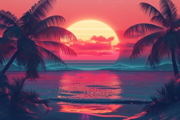 Palm silhouette on vibrant sunset on a beach. Synthwave, retrowave, vaporwave aesthetics. Retro style, webpunk, retrofuturism. 90s and 2000s era. Summer vacation concept. Wallpaper, poster design