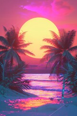 Fototapeta na wymiar Tropical beach sunset with palm trees. Synthwave, retrowave, vaporwave aesthetics. Retro style, webpunk, retrofuturism. 90s and 2000s era. Summer vacation concept. Wallpaper, poster design