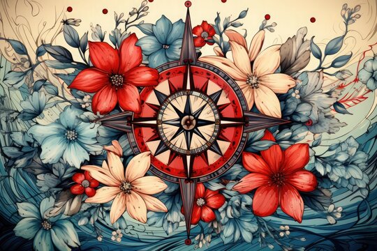 A pattern featuring colorful compass roses and intricate floral designs, inspired by the nautical theme