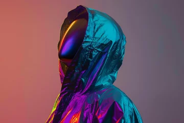 Foto auf Acrylglas Person with iridescent hood and mask. Synthwave, retrowave, vaporwave aesthetics. Retro style, webpunk, retrofuturism. 90s and 2000s era. Fashion and lifestyle. Trendy modern gradient © dreamdes