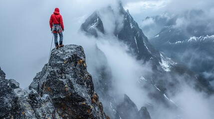 Obraz premium A lone climber in red scaling a sheer rocky cliff, misty mountain peaks in the background