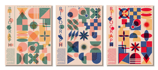 Collection of vertical poster with riso print effect. Abstract geometric risograph pattern risograph style - obrazy, fototapety, plakaty