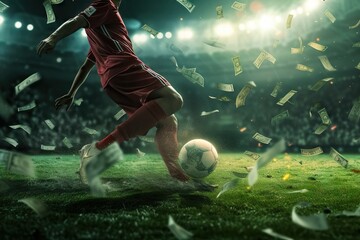 Fototapeta premium Soccer player with a falling banknotes as soccer bet. Generative AI