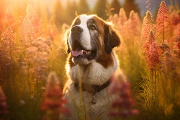 Papier Peint photo Prairie, marais St bernard dog sitting in meadow field surrounded by vibrant wildflowers and grass on sunny day ai generated