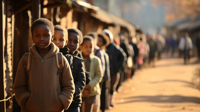 Primary school students waiting in line outside their classroom