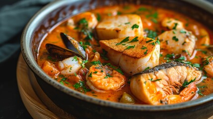 Bouillabaisse: A flavorful fish stew, brimming with seafood and aromatic herbs, hailing from the Mediterranean coast. - obrazy, fototapety, plakaty