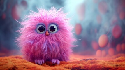 Pink fuzzy owl with big eyes with blur background AI Generated