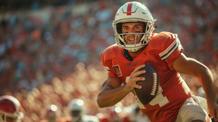 American Football: Tense moment as a quarterback throws a spiral pass, amidst a backdrop of a packed stadium.