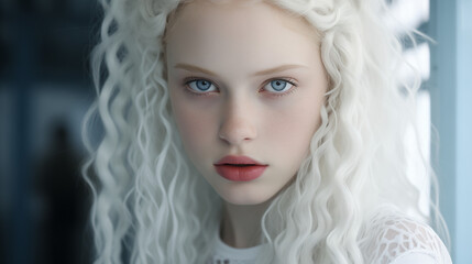 young face of albino girl with blue eyes and white eyelashes