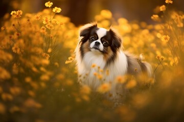 Japanese chin dog sitting in meadow field surrounded by vibrant wildflowers and grass on sunny day ai generated
