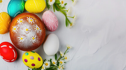 Religious tradition: Orthodox Easter cake adorned with colorful eggs, a symbol of renewal, text space
