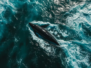 Fototapeta premium Aerial photo of large whale swimming in the ocean, wild nature with spectacular lighting. Documentary style image.