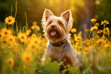 Silky terrier dog sitting in meadow field surrounded by vibrant wildflowers and grass on sunny day ai generated