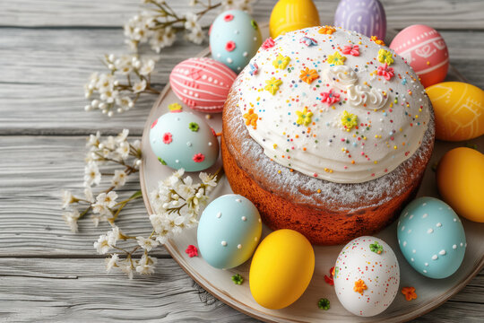 Festive dessert display: Easter cake topped with icing and decorated eggs, a cultural symbol