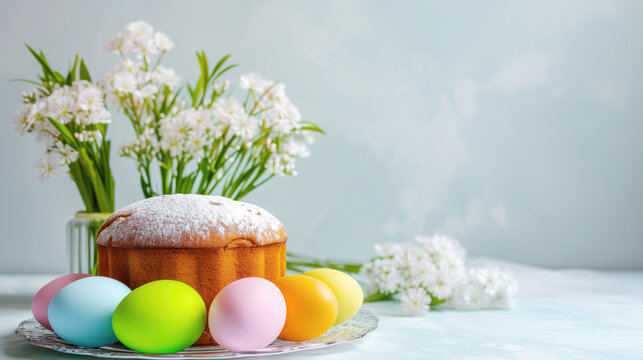 Easter cake and eggs on a light background. Easter still life, copy space
