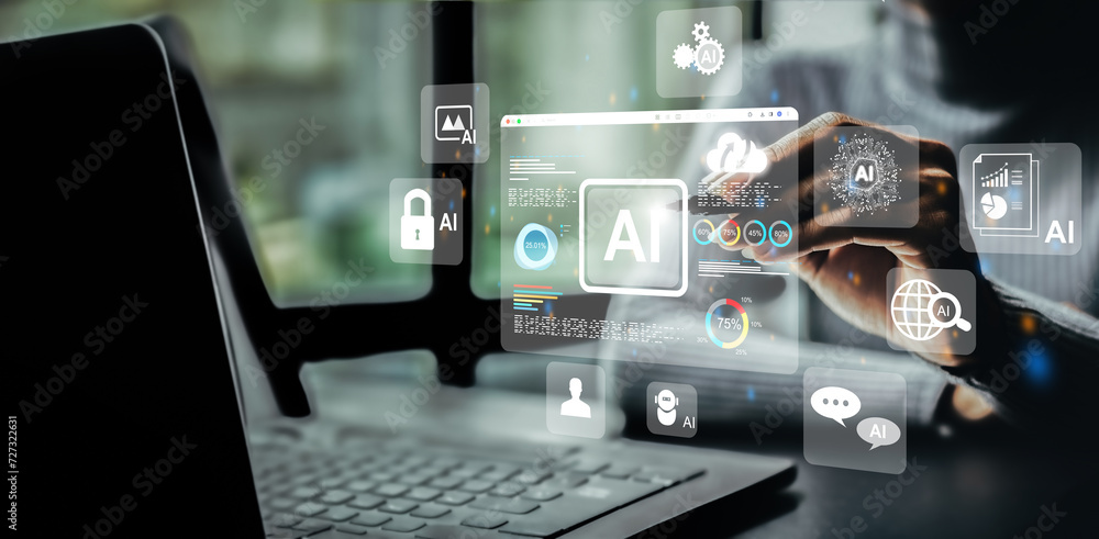 Poster business woman uses artificial intelligence and data dashboard business analysis and data management