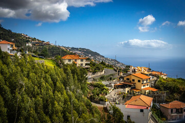 panoramic view over funchal and monte from cable car, aerial view, madeira, portugal, sea, mountains