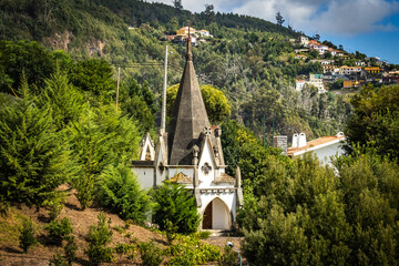Fototapeta premium panoramic view over funchal and monte from cable car, aerial view, madeira, portugal, sea, mountains