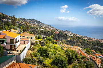 panoramic view over funchal and monte from cable car, aerial view, madeira, portugal, sea, mountains