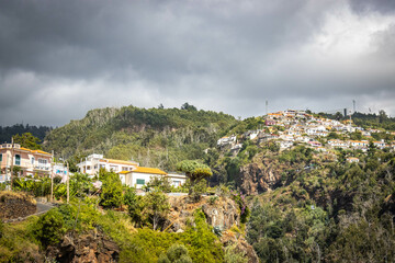 panoramic view over funchal and monte from cable car, aerial view, madeira, portugal, sea, mountains
